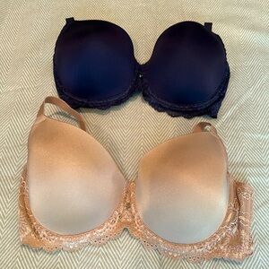 Leilieve TWO For One Bras Size 38C Beige and Navy with Lace Back